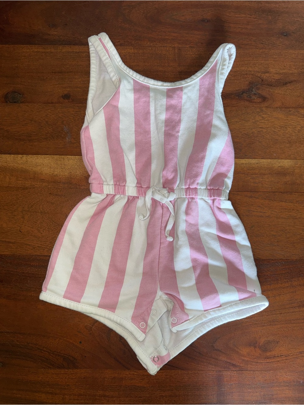 Girls Pink & White Striped Sleeveless Romper with Drawstring